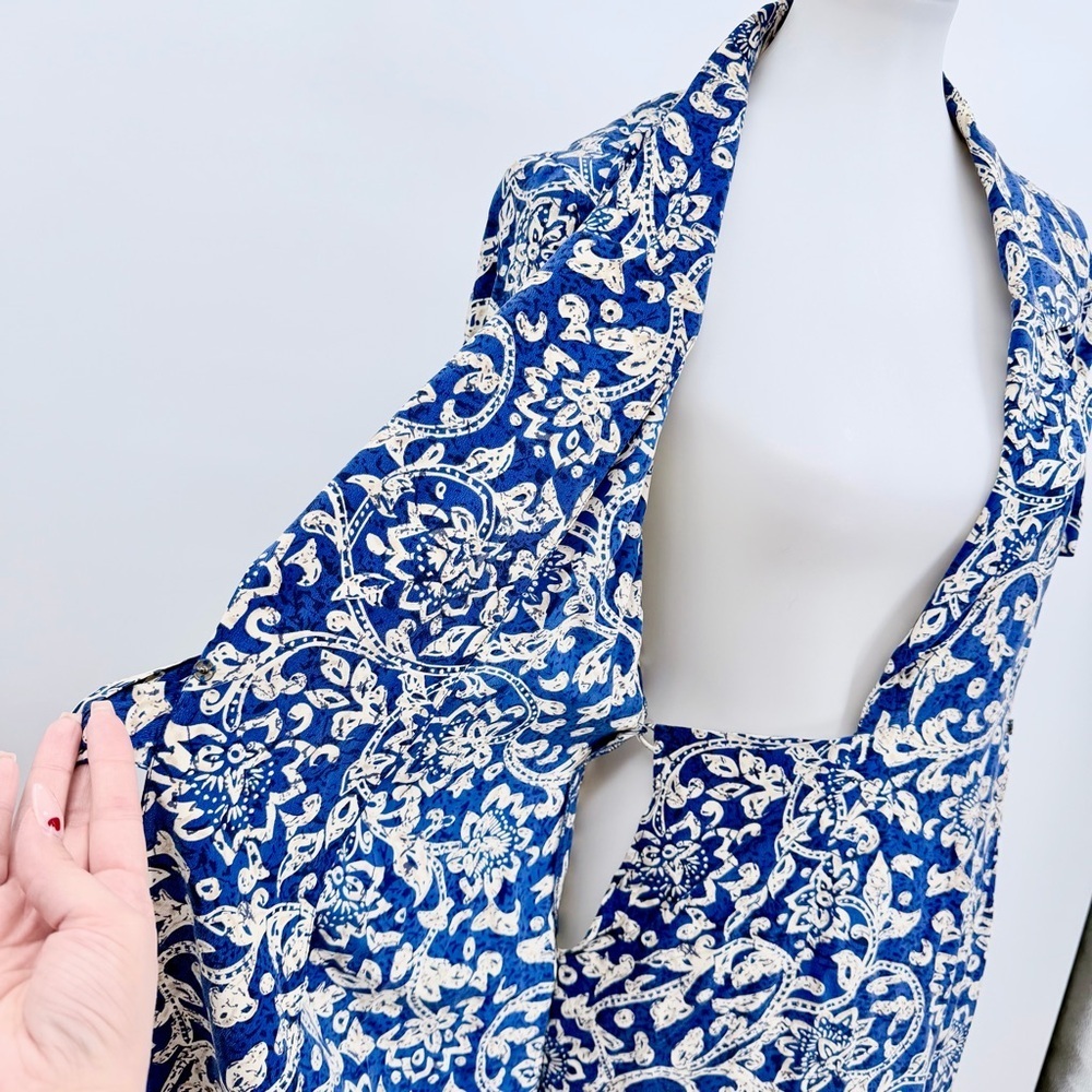 ADRIANNA PAPELL Vintage 100% Silk Blue Floral Midi Dress Wrap Tie Waist - Picture 8 of 11